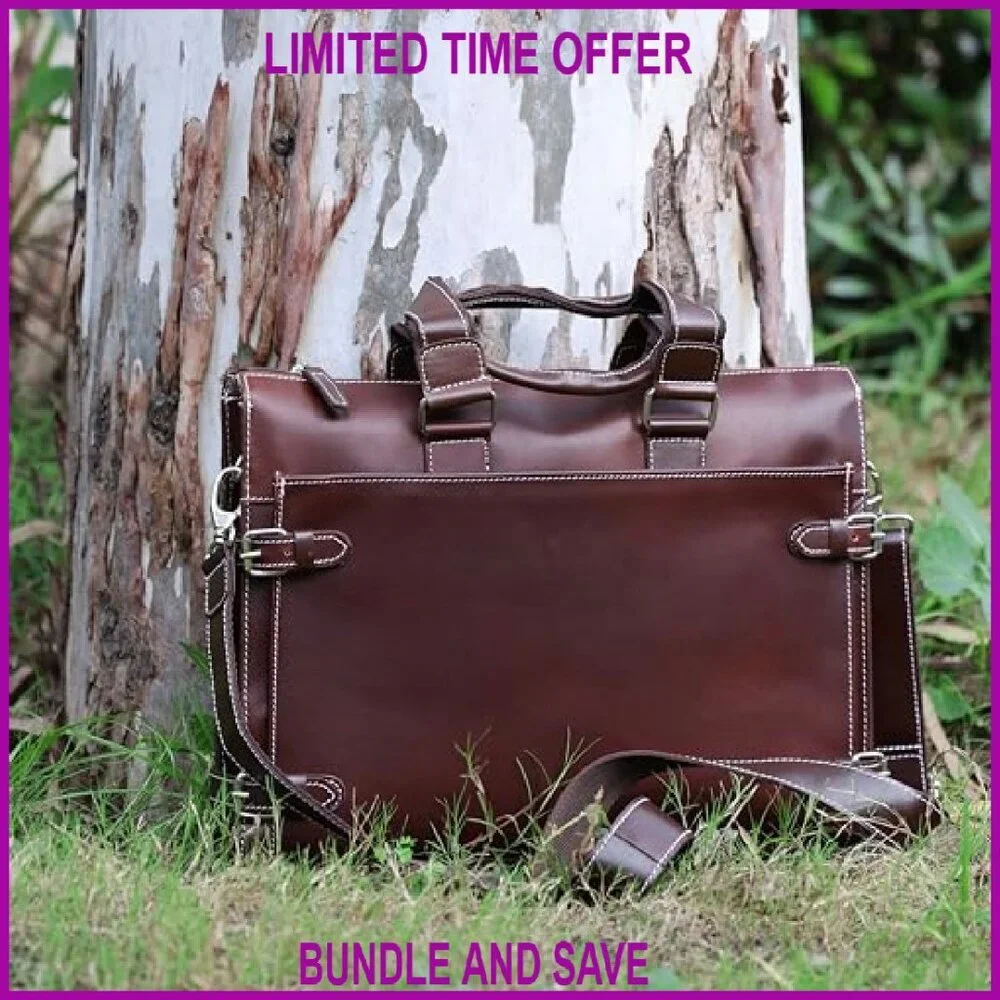 Leather Laptop Briefcase for Men, 3 Zipper Pockets, Fits 16-inch Laptop